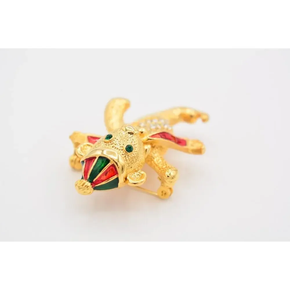 Vintage Christmas Bear Pin Brooch Brushed Gold Ice Skating Holiday Heavy BinAT